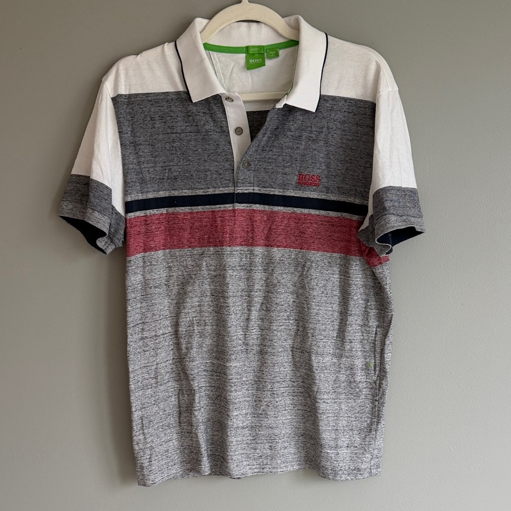 Hugo Boss Grey, White & Red Striped Polo